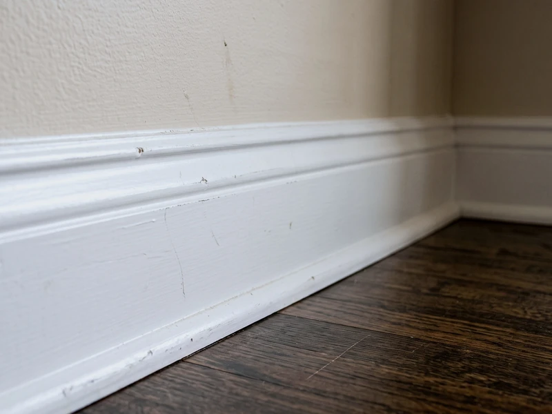 The same white baseboard and dark wood floor after a deep clean, free of dust and scuffs