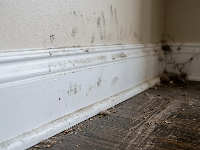 White baseboard and wall corner with dark scuff marks, dust, and cobwebs before a deep clean