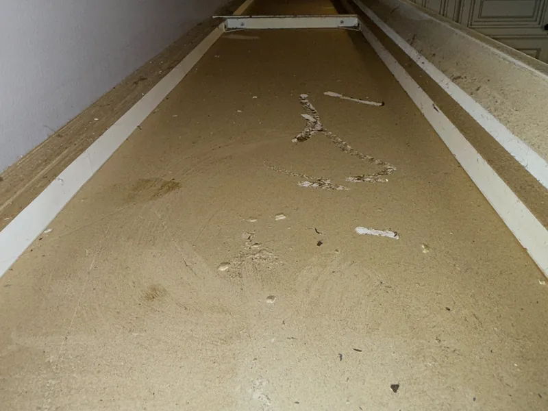 Dusty cabinet top with thick grime and debris before a move-out clean