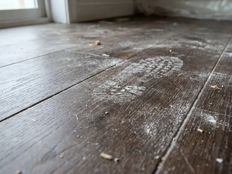 Wood floor covered in construction dust and a boot print before post-construction cleaning